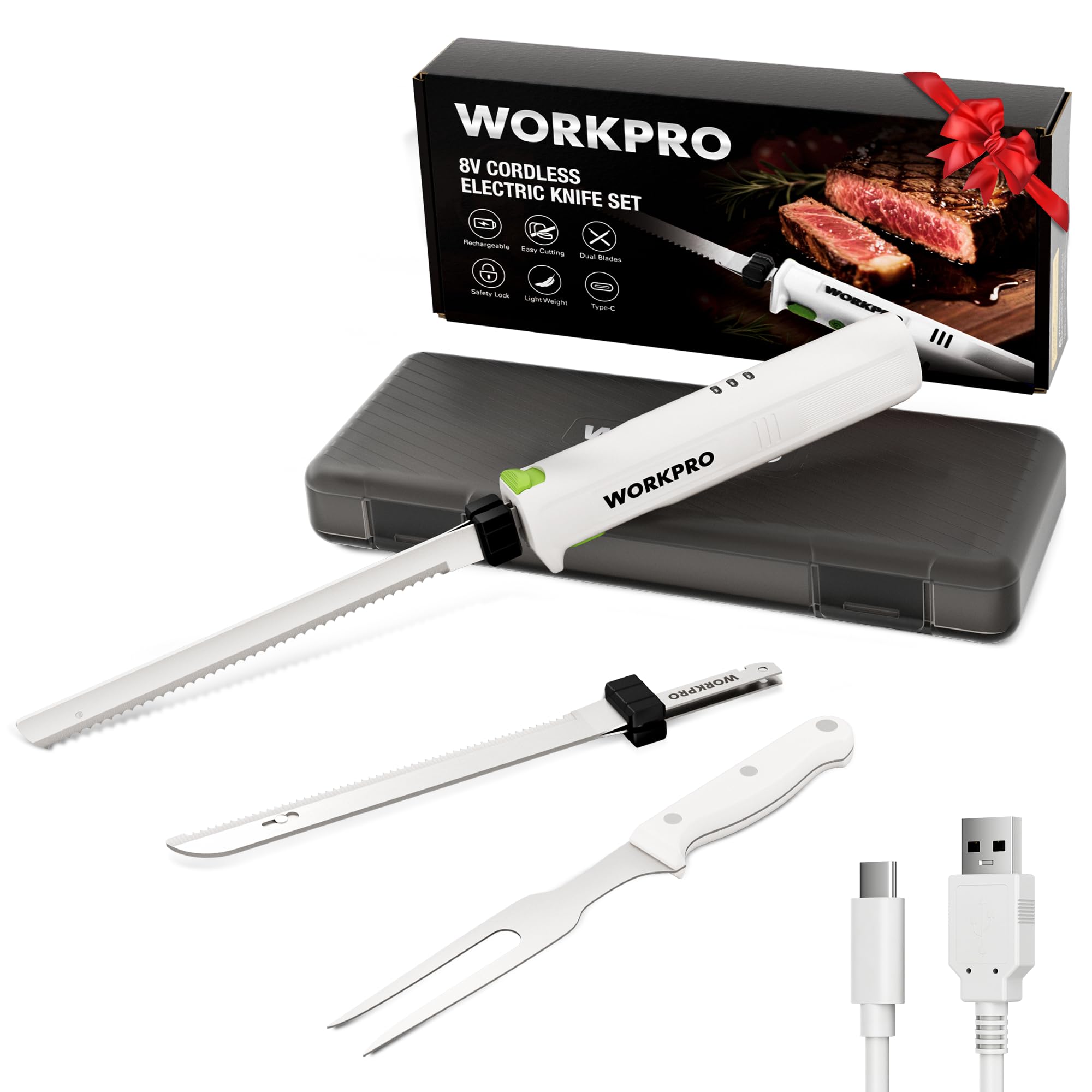 workpro electric knife for meat slicing, cordless electric carving knife for turkey, fish & bread, two stainless steel blades, ergonomic handle, storage case & serving fork included, white