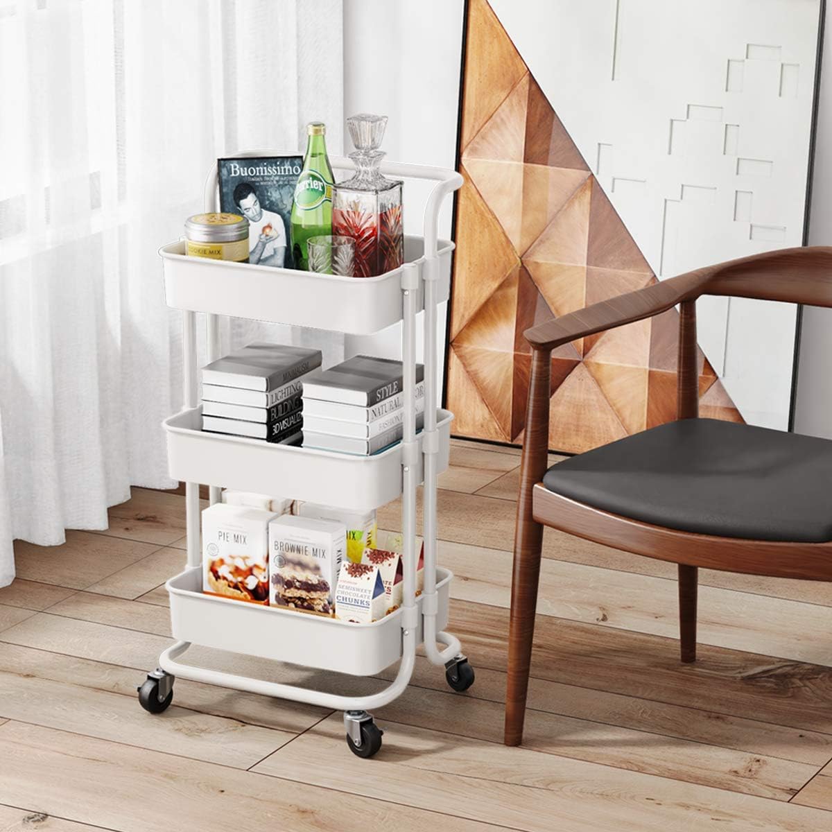 Homemaxs 3 Tier Rolling Utility Storage Cart with Handles and Roller Wheels Craft Cart for Kitchen, Coffee Bar, Microwave Cooking Station, Storage, Office, Bathroom (White : Office Products