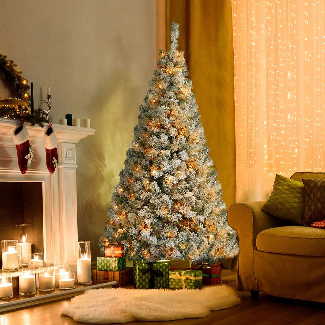 ANOTHERME 7ft Pre-lit Christmas Tree Snow Flocked, 300 Warm Lights UL Certified Artificial Xmas Tree (Flocked Snow 7ft)