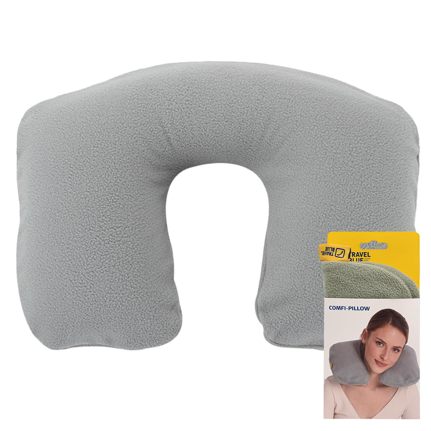 Travel Blue Fleecy Inflatable Travel Neck Pillow - Extra Thick Fleece Cover, Neck Pillow for Travel with 90% Recycled Materials, Removable & Washable Cover for Long Journey Comfort