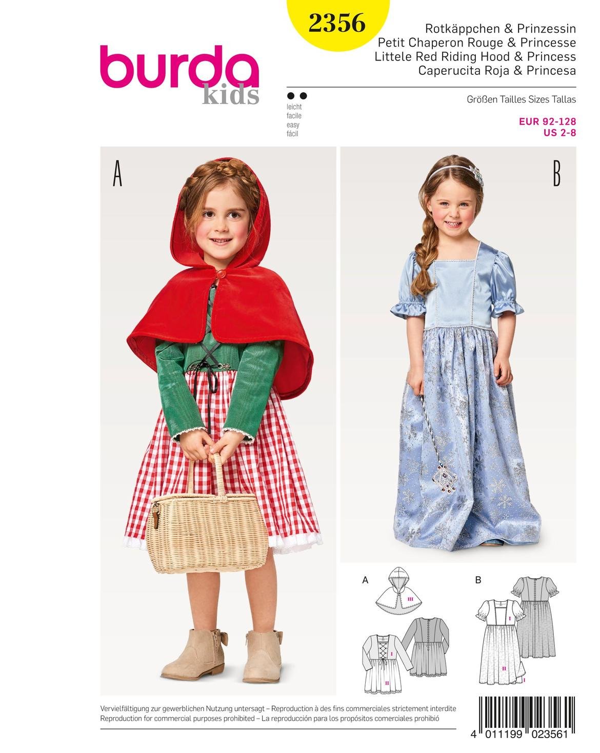 Burda Pattern 2356 Little Red Riding Hood and Princess Carnival, Paper, White, 19 x 14 x 0.5 cm