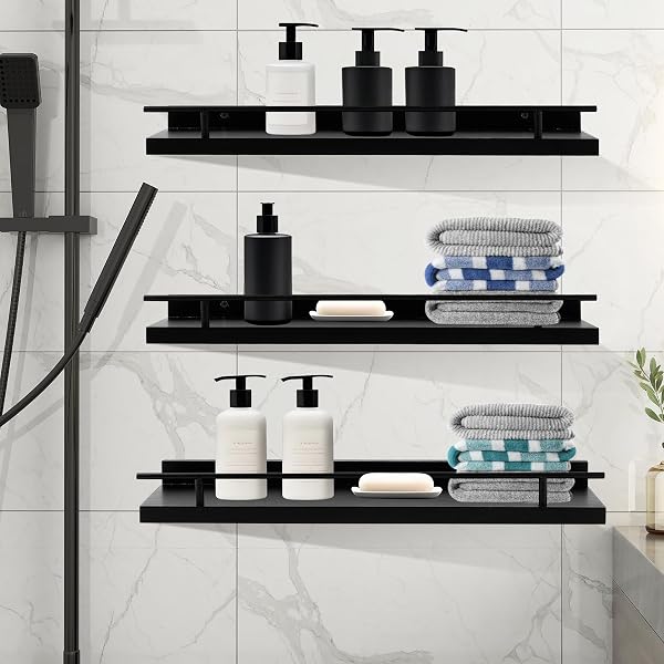 IJRPLM FLOATING SHELVES WALL MOUNTED SET OF 3, BLACK WOOD STORAGE SHELF, BATHROOM WALL SHELVES OVER TOILET, FLOATING SHELF FOR BATHROOM LIVING ROOM BEDROOM KITCHEN OFFICE