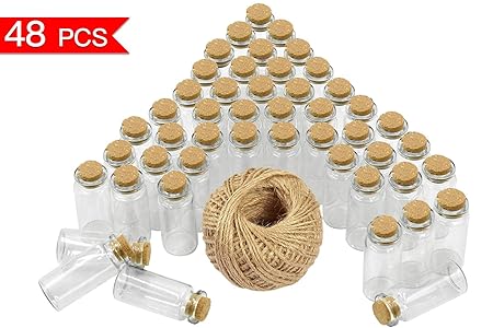 Wandefol 48 Stück 10ml (5cm x 2cm) Mini Glasflaschen Klein Glasfläschchen mit Korken und 30 Meter Bindfaden Nachricht Flasche