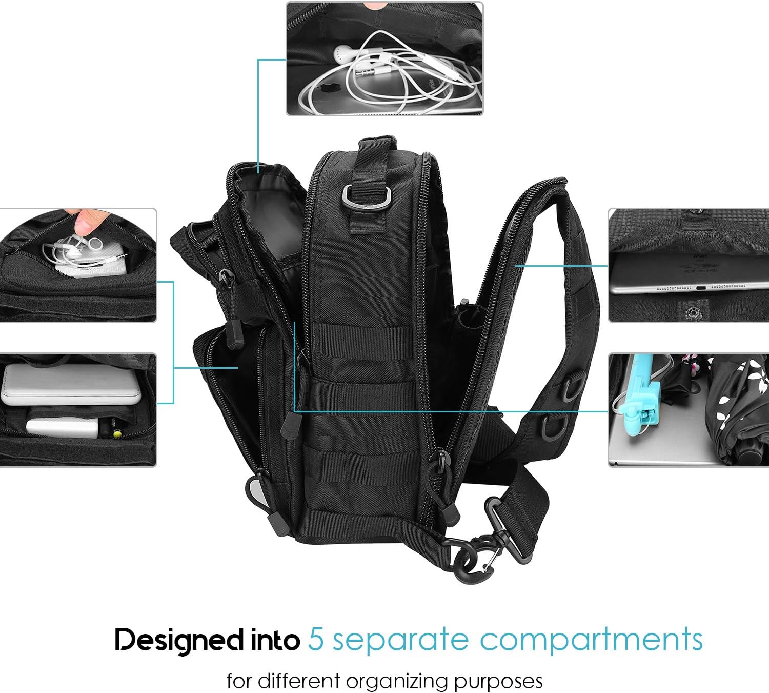 ProCase Tactical Sling Bag Pack with Pistol Holster, Military Rover Sling Shoulder Backpack Outdoor Sport Daypack for Hunting, Trekking and Camping -Black : Sports & Outdoors