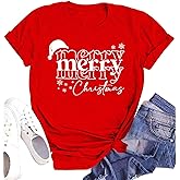 Merry and Bright Chirstmas T Shirts for Women Xmas Graphic Print Tees Holiday Casual Shirt Tee Tops