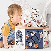 EverEarth Wooden Activity Cube with Bead Maze, Space Activity Cube for Toddlers 1-3 Girls Boys Multi Play Educational Learning Montessori Cube Toddler Toy Wood Shape Color Sorter - FSC Certified