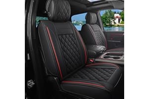 JOJOBAY Car Seat Covers for Dodge Ram,Fit 2009-2025 1500/2500/3500 HD Pick-up Truck,Crew,Regular,Quad,Mega Cab,Waterproof Synthetic Leather Seat Covers(5PCS-Full Set,Black-Red)
