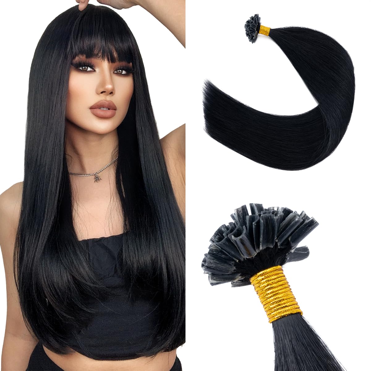 Silk-co U Tip Pre Bonded Hair Extensions Strands Keratin Nail Tip Straight Human Hair Extensions U tip Real Remy Hair 50 Strands Keratin Nail Til 16"-50g #01 Jet Black — image 1