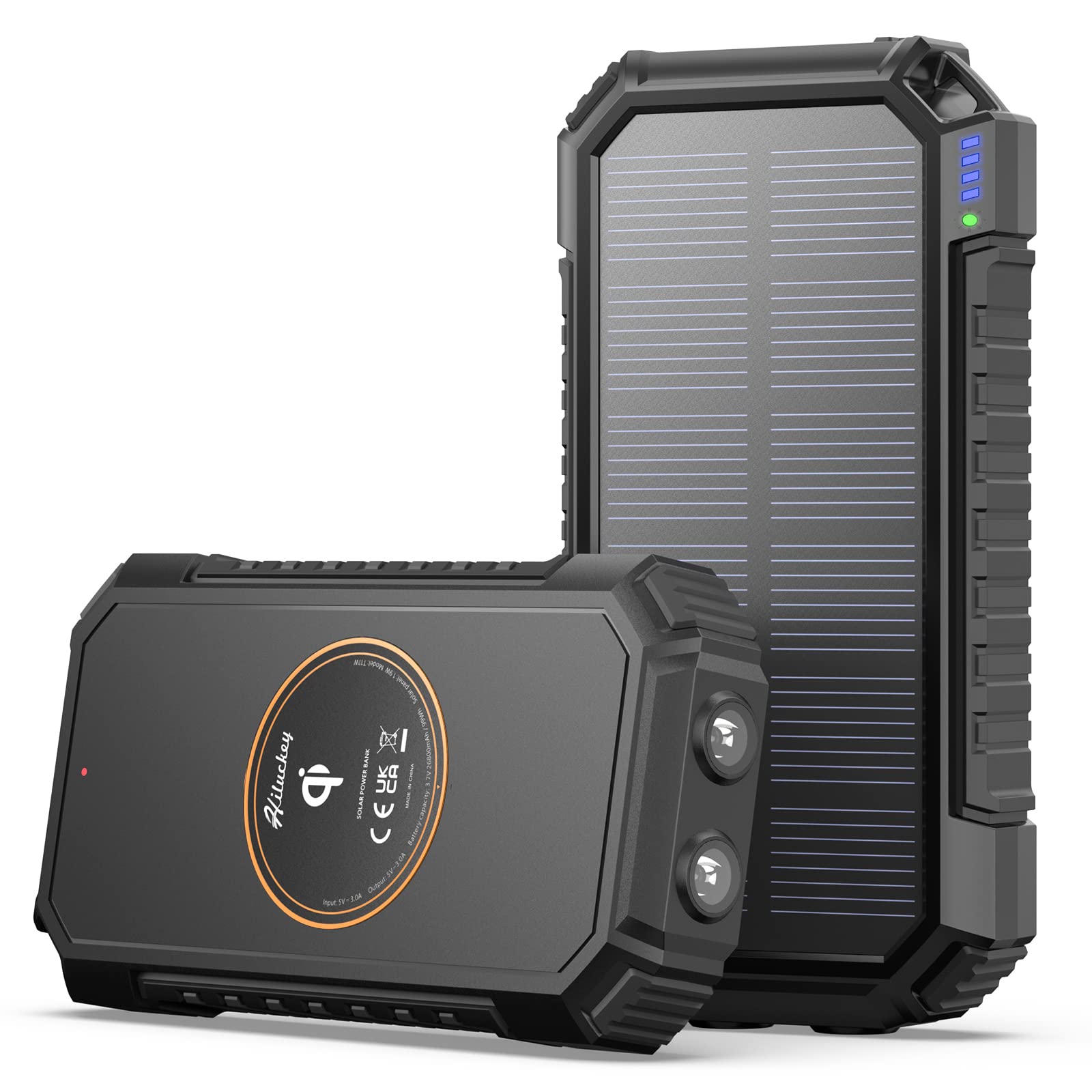 Solar Charger 26800mAh, Hiluckey Wireless Portable Charger Qi Power Bank with 4 Outputs & LED Flashlight, USB C Quick Charge Waterproof Phone Charger for Smartphones, Tablets and Outdoors