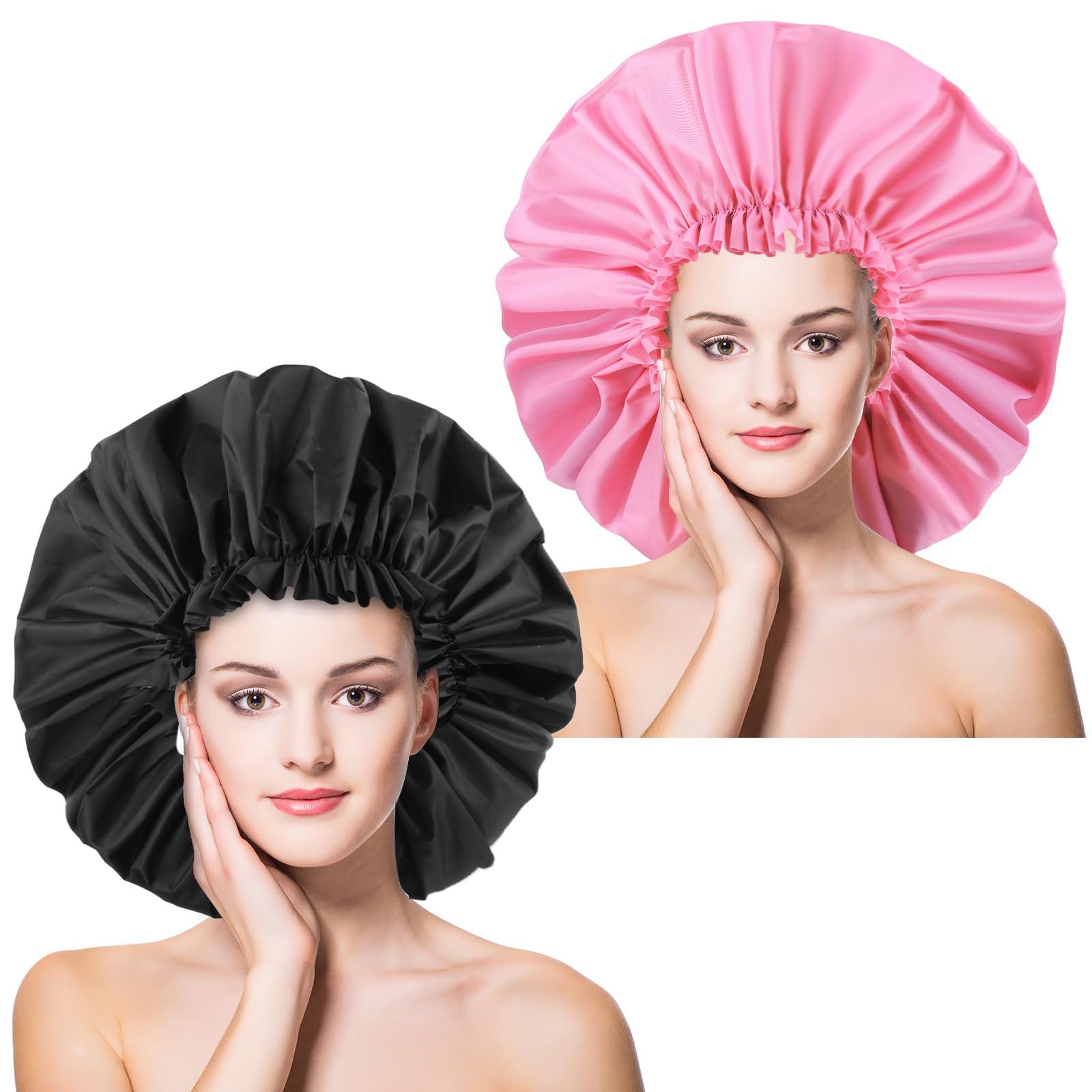 2 PCS Large Shower Cap for Braids - Waterproof Shower Cap for Women, Reusable XL Plastic Shower Caps Jumbo Bath Bonnet for Long Thick Curly Hair, Locs, Twist Braids (Black&Pink)