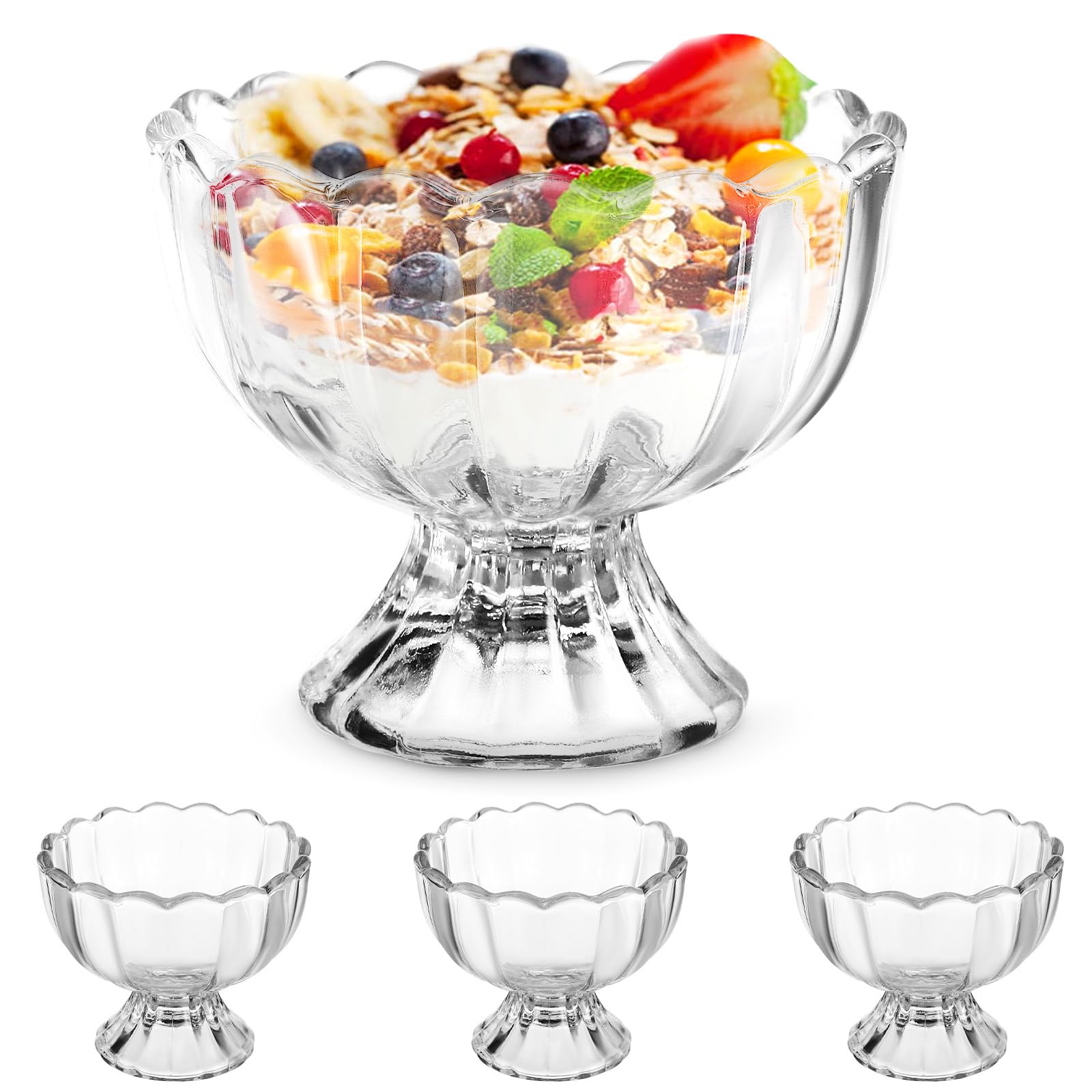 Happyyami Set of 4 Footed Glass Ice Cream Bowls Elegant Dessert Cups for Sundaes Parfaits and More - Transparent 190Ml