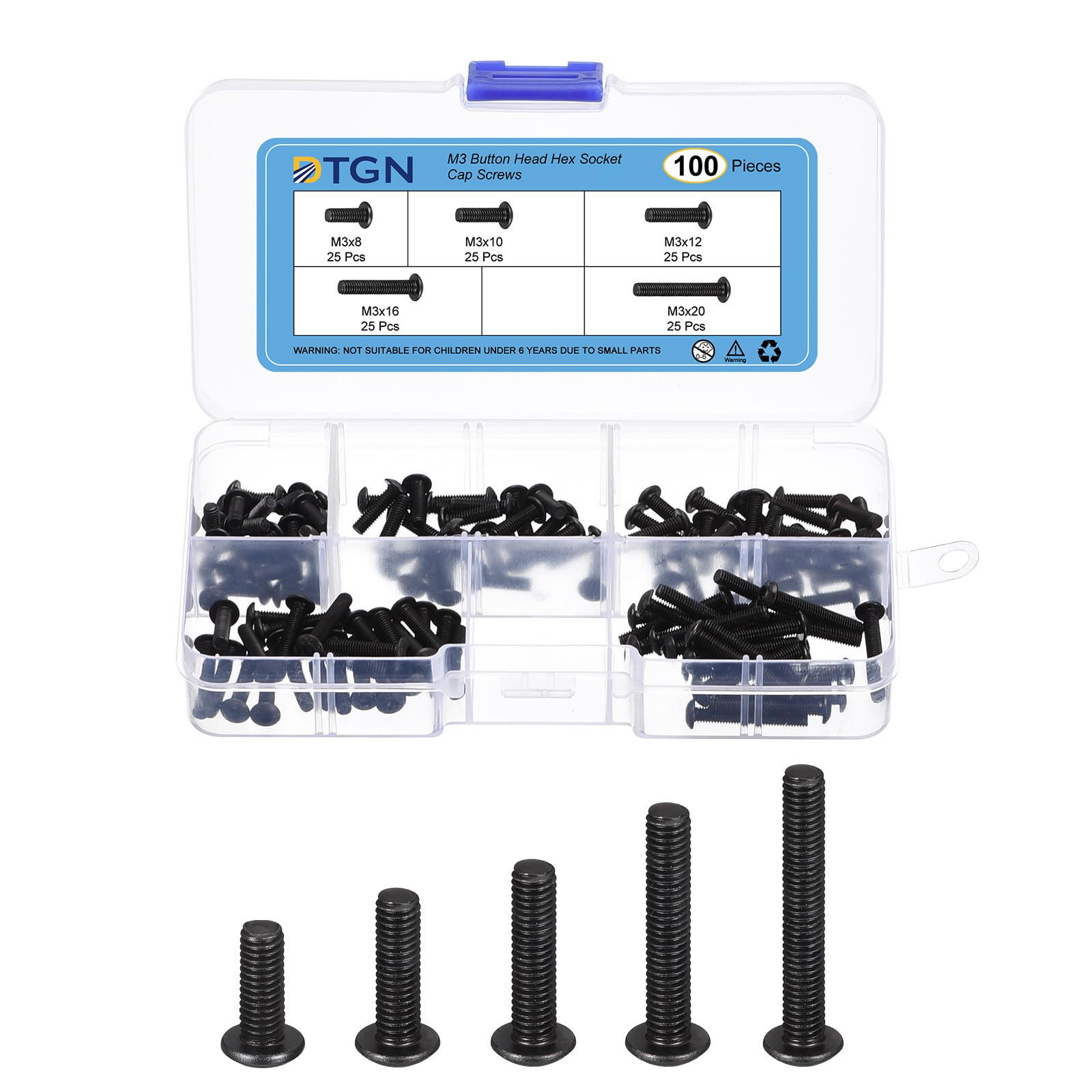 DTGN 125Pcs M3 Button Head Socket Cap Screws Kit - 8/10/12/16/20mm Carbon Steel Black Oxide Full Thread Hex Socket Cap Screw Assortment - Good for Machine, Furniture Repairing