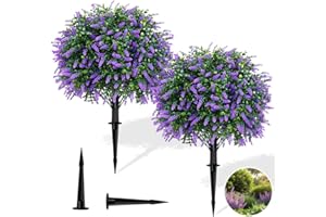Mossea Artificial Lavender Boxwood Topiary Ball Trees, Set of 2 Faux Shrub Bushes for Indoor & Outdoor Decor, 22" UV Resistant Fake Greenery Plants with Ground Spike for Porch, Patio, Garden, Yard