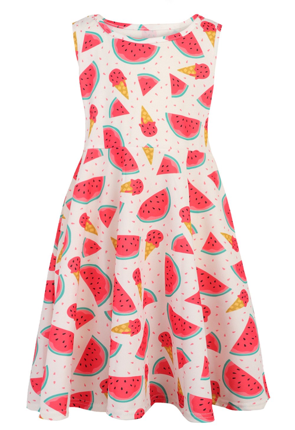 Youngs Girls Print Sleeveless Casusl Crew-Neck Dresses ice Cream Print Skirts Wine red (Watermelon, S)