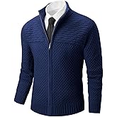 Runcati Mens Zip Up Cardigan Sweater Casual Stand Collar Textured Knit Ribbed Chunky Sweaters