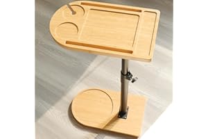 YUHFERA 360° Rotatable Sofa Tray Table for Couch Arm - Height Adjustable End Table for Bed or Chair with Phone & Tablet Slots, TV Tray Table, Side Table Tray for Small Spaces（Bamboo,Arc）