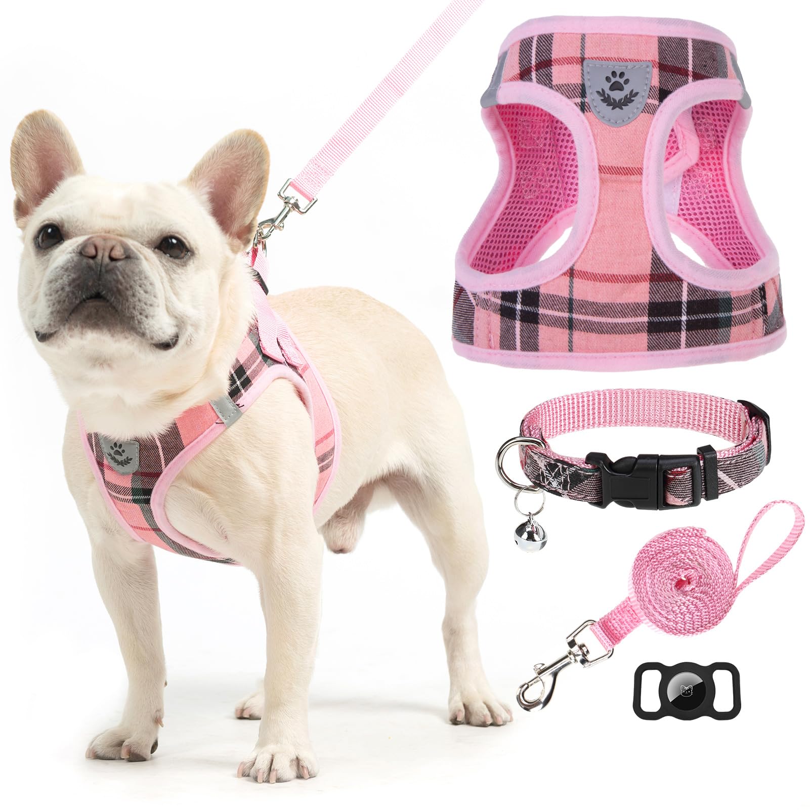 Photo 1 of EXPAWLORER Classic Plaid Puppy Harness - Small Dog Harness and Leash Set - Dog Collar and Leash Set with AirTag Holder, Soft Padded Step in Dog Vest Harness No Pull Reflective for Outdoor, Pink XS
