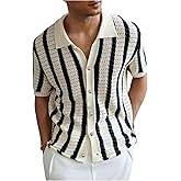 WDIRARA Men's Big and Tall Striped Crochet Button Down Shirt Half Sleeve Collared Knit Tops