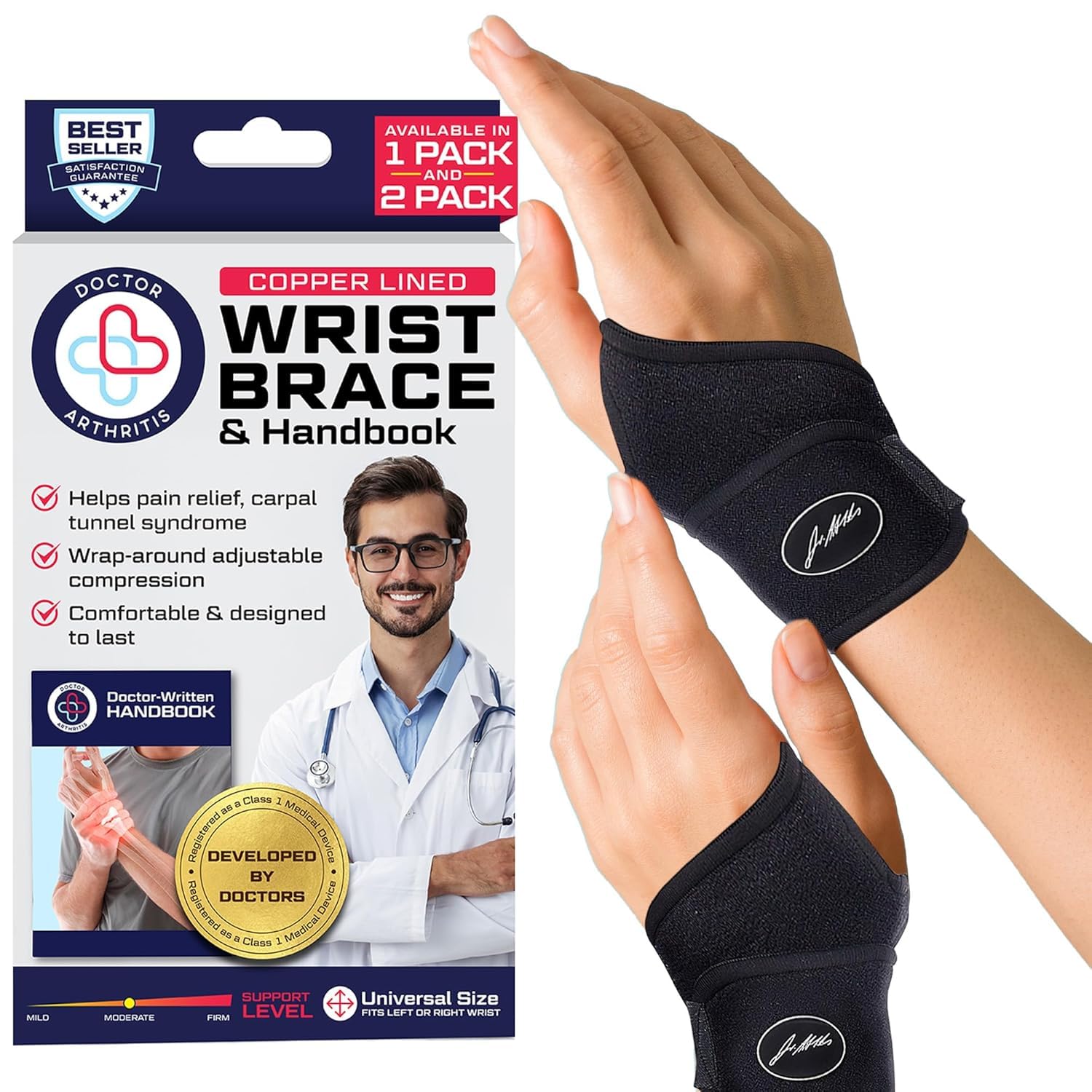 Dr.Arthritis Doctor Developed Premium Wrist Supports & Doctor Handbook - Neoprene & Nylon Carpal Tunnel Wrist Splint - Hand & Wrist Braces -, For Injuries, Joint Disease(2 Pack)