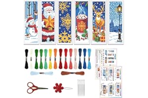 ORIGACH 6 Set Christmas Cross Stitch Bookmark Kit for Beginner with Backing Felt Floss Instructions Winter Santa Claus Elk Snowflake DIY Stamped Embroidery Bookmark Kit for Adults, Book Lovers