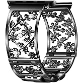 Duoan Floral Band Compatible with Apple Watch Jewelry Band 42mm 44mm 45mm 46mm 49mm iWatch Series 11 10 9 8 7,Bling Crystal Bracelet Hollow Metal Strap,Fashion Women Wristband(42/44/45/46/49mm,Black)