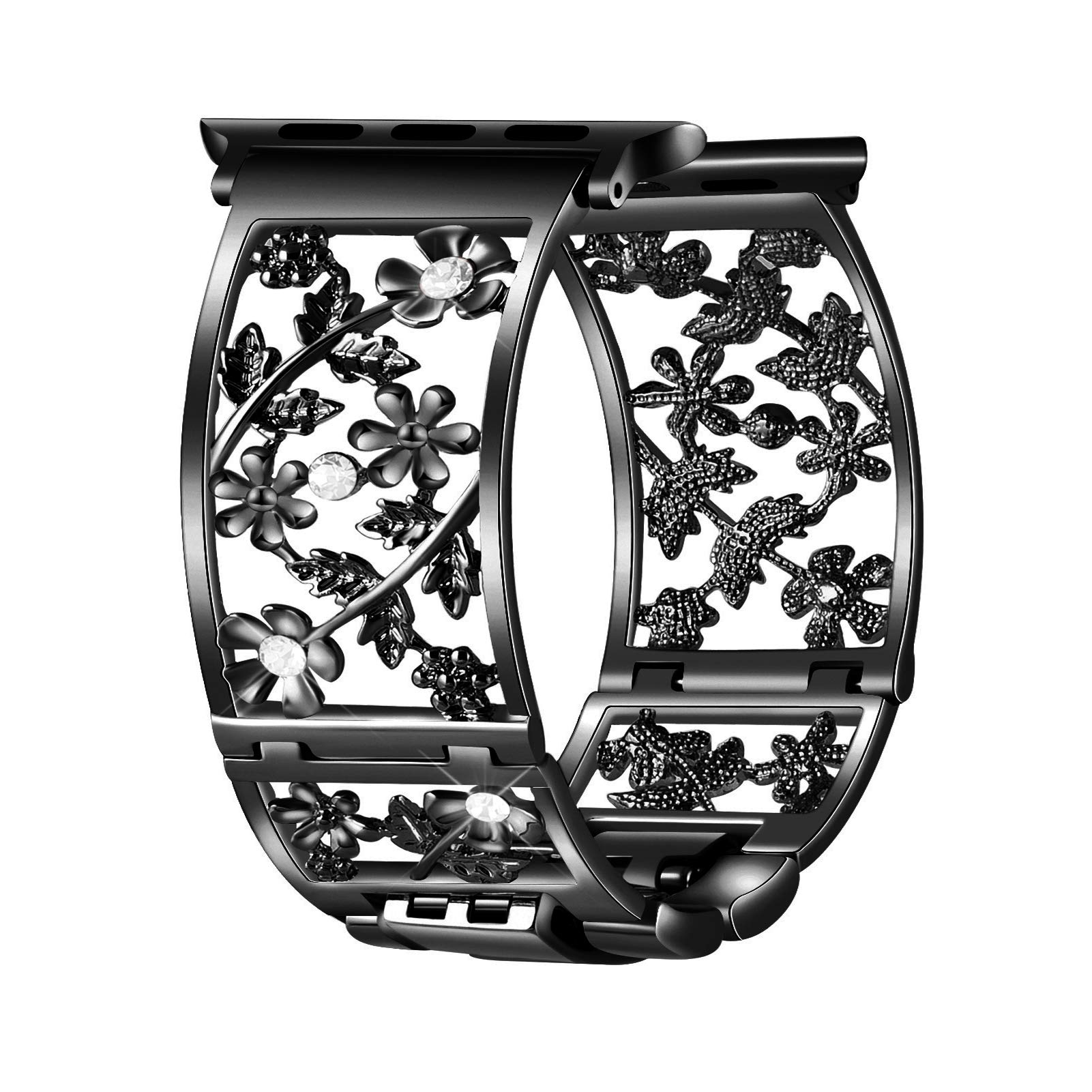 Photo 1 of Duoan Floral Band Compatible with Apple Watch Jewelry Band 42mm 44mm 45mm 46mm 49mm iWatch Series 10 9 8 7 SE,Bling Crystal Bracelet Hollow Metal Strap,Fashion Women Wristband(42/44/45/46/49mm,Black)