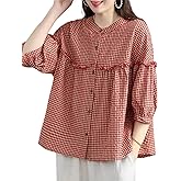 utcoco Womens Plaid Button Down Shirts Casual Loose Fit 3/4 Sleeve Tunic Tops Checkered Blouses