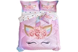 ADASMILE A & S Unicorn Comforter Set Twin for Girls 6 Pieces Unicorn Twin Bedding Set with Colorful Cute Love Heart Sheets Twin for Girls Floral Unicorn Twin Bed Set for Girls Bed in a Bag Comforter