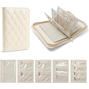 MonyaGrip Travel Jewelry Organizer Case, Storage Book for Women | 5 Detachable Clear Pages / Zippered Pouches / Faux Leather