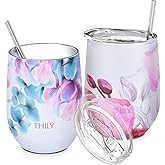 THILY Vacuum Insulated Stemless Wine Tumbler 12 oz Stainless Steel Wine Glass with Lid and Straw, Keep Cold or Hot for Coffee, Cocktails, 2 Pack(Pink Lilies + Lotus Flower)