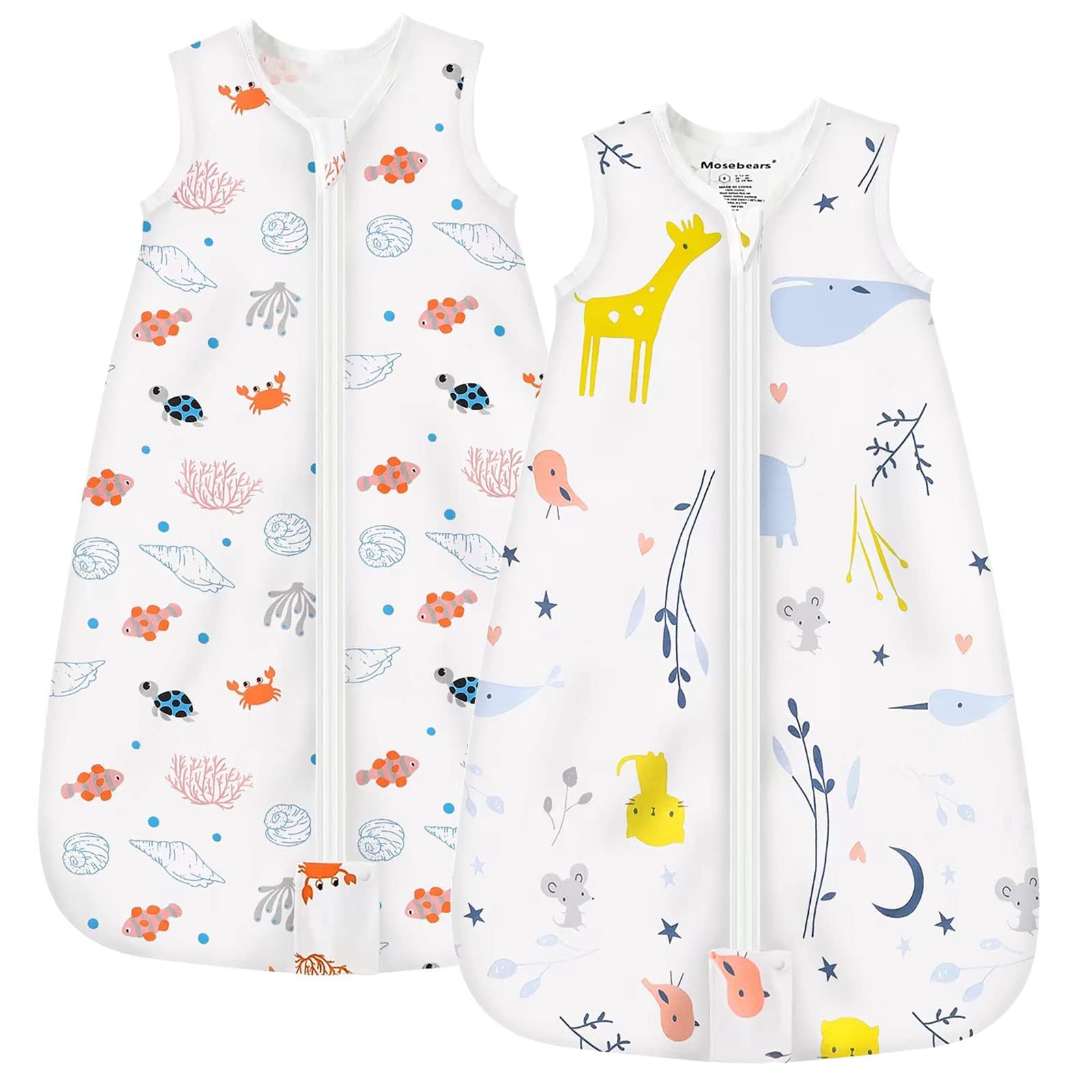 Mosebears Baby Summer Sleeping Bag 0.5 Tog Cotton Baby Sleeping Sack Breathable Wearable Blanket (Pack of 2, L)