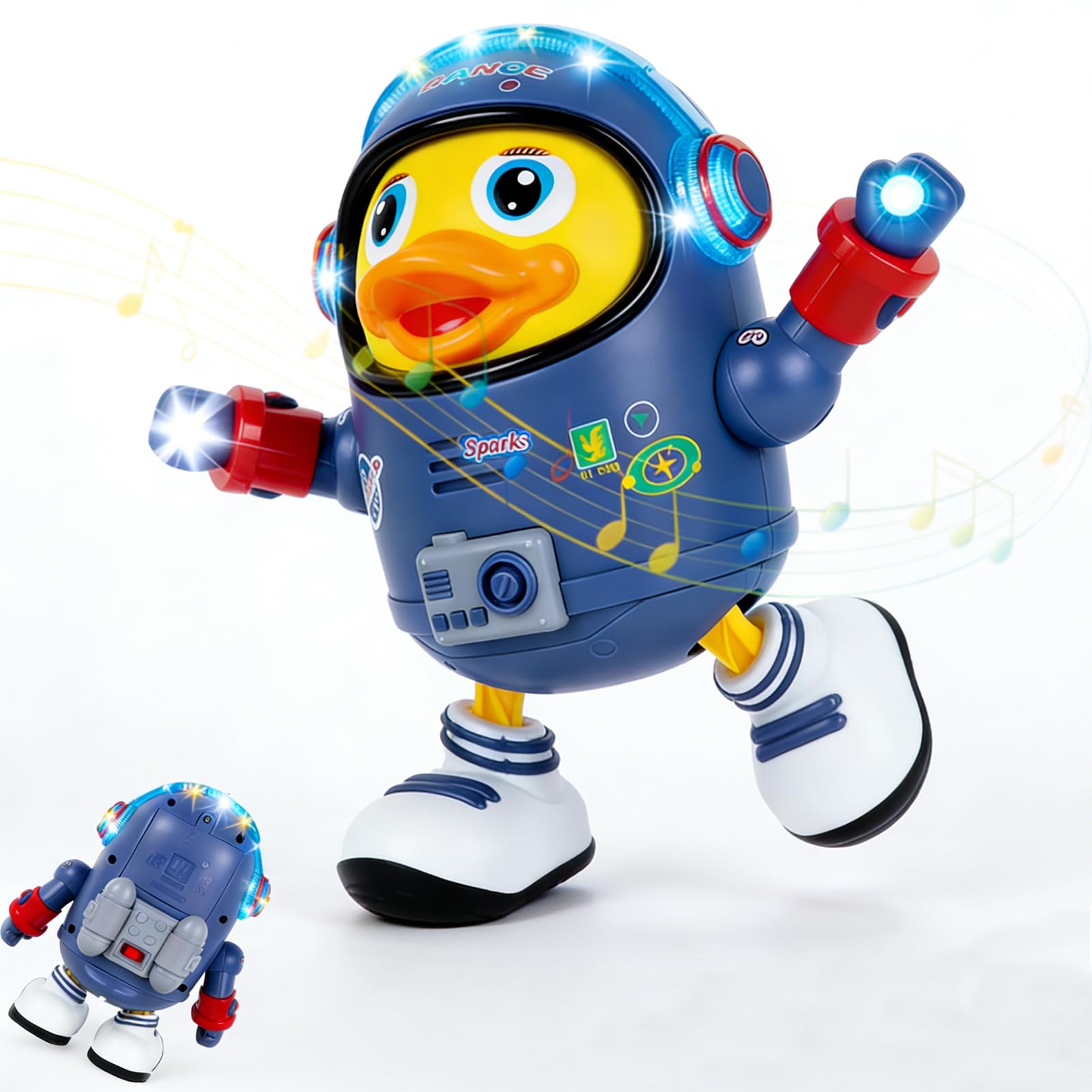 Dancing Duck, Dancing Space Duck Toy with Sound and LED Lights Electric Musical Dancing Astronaut Robot Toy Educational Gift for Toddlers 3+ Girls Boys