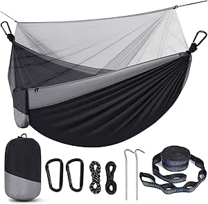 Camping Hammock with Net,Travel Portable Lightweight Hammock with Tree Straps and D-Shape Carabiners,Parachute Nylon Hammock for Outsides Backpacking Beach Backyard Patio Hiking,Black &amp; Grey