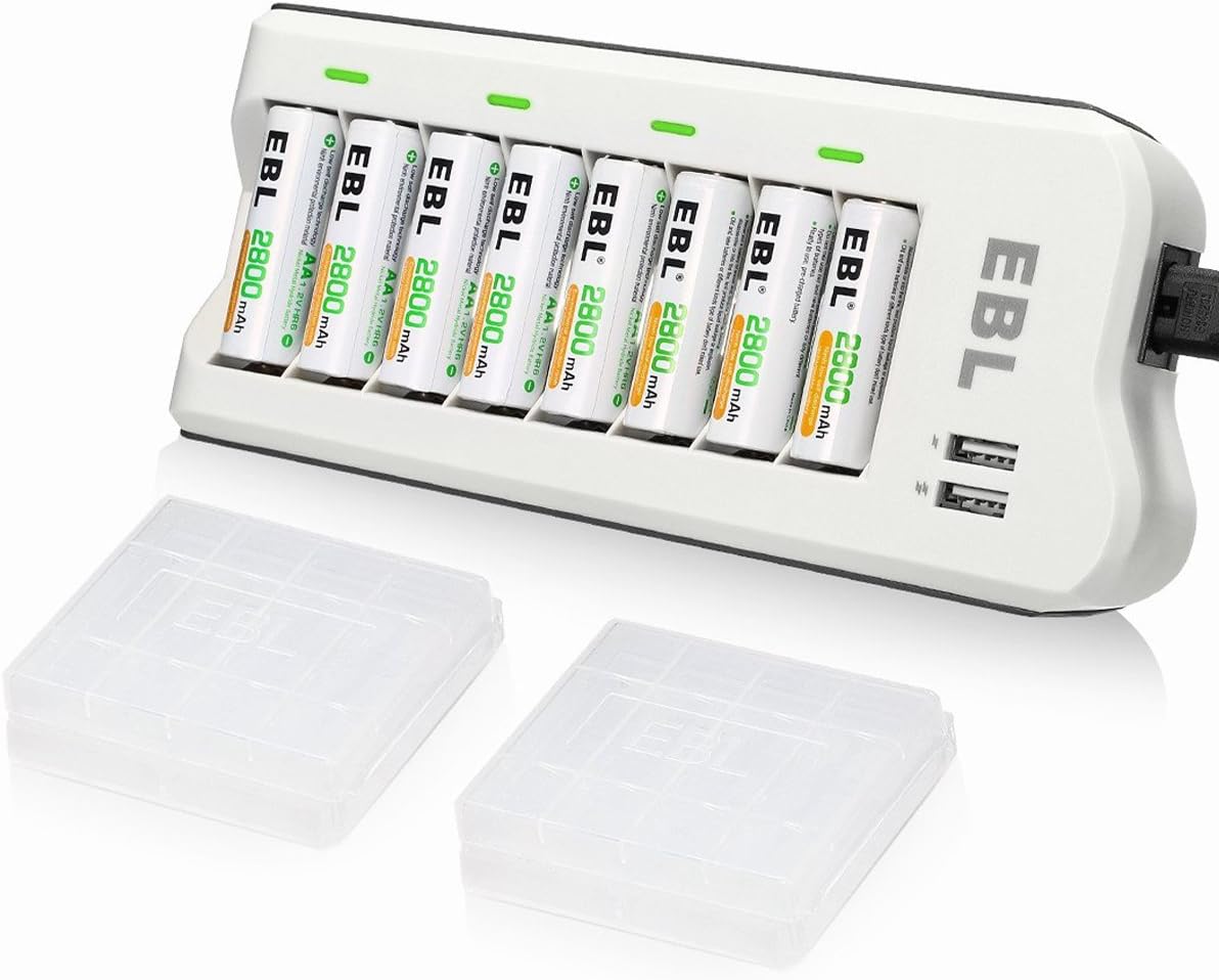 EBL 2800mAh Ni-MH AA Rechargeable Batteries (8 Pack) and 808U Rechargeable AA AAA Battery Charger with 2 USB Charging Ports: Home Audio & Theater