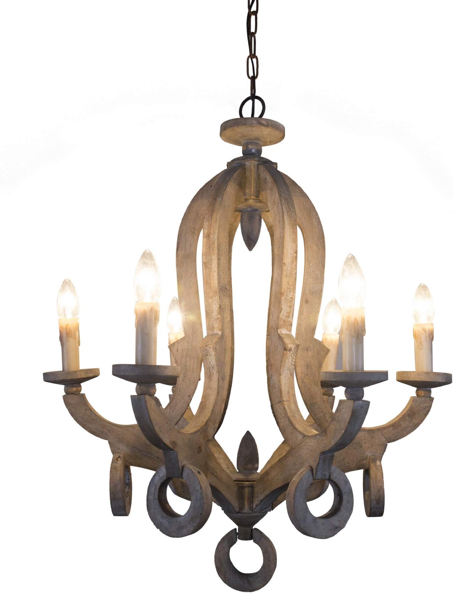 6-Light Cottage Rustic Wooden Chandelier Farmhouse Shabby Chic Wood Chandelier with Candle Holder for Foyer, Hall, Entry, Bedroom, Dining Room, Living Room