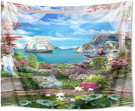 Amazon Co Jp Lb 風景画タペストリー 綺麗なお花と植物 海上の帆船 おしゃれ壁掛け 装飾布 インテリア 装飾アート モダン 多機能 お店 部屋や窓の飾り 個性ギフト 新居祝い 布製 横 150ｘ100cm ホーム キッチン