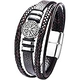 Rofusn Viking Compass Leather Bracelet for Men: Stainless Steel Norse Rune Braided Bracelet Cuff Nordic Viking Jewelry Gifts for Dad Son Boyfriend