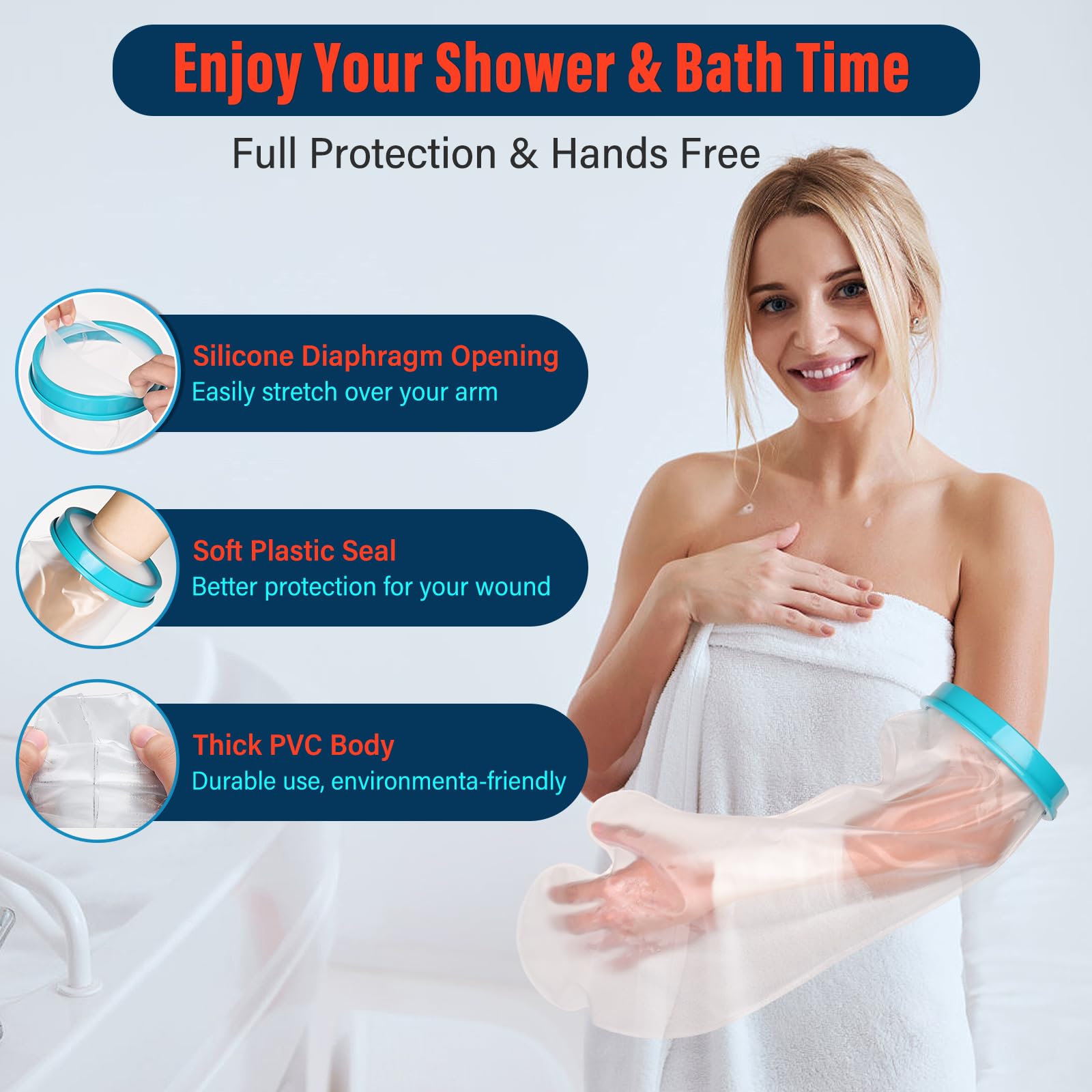 Waterproof Cast Covers for Shower Arm Adult Cast Cover Protector Shower Bag to Keep Wounds Dry for Arm, Hands, Wrists, Elbow, Fingers [2025 New Reusable]