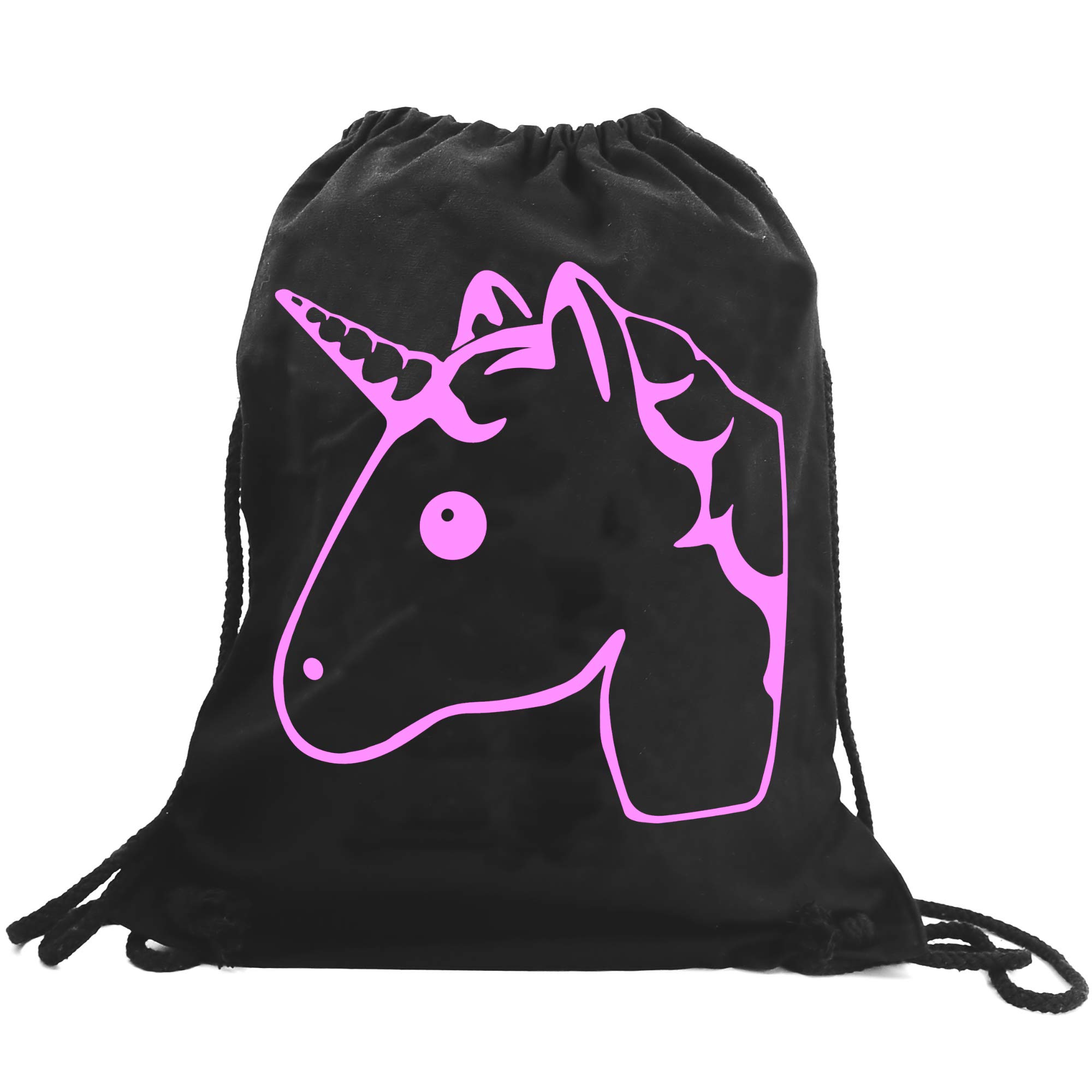 PREMYO Cotton Drawstring Gym Bag Backpack Quote Print Pink Unicorn Canvas Rucksack for School Sports Travel Women Children Birthday Present Black