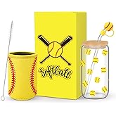 Reallnaive Softball Lovers Gifts, 16 oz Glass Iced Coffee Cup with Straw Stopper and Mug Sleeve, Softball Glasses Cup for Women Man Sport Lovers