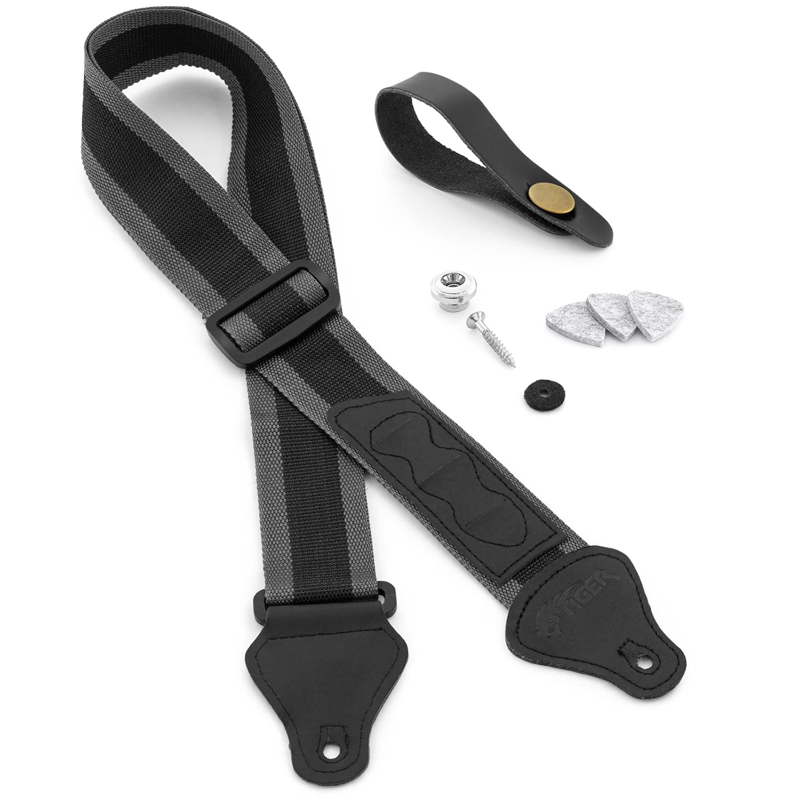 Tiger UAC4-GY-PACK Ukulele Strap Pack includes Strap, Headstock Neck Tie, Strap Button/End Pin and 3 Felt Picks - Suitable for Soprano, Concert, Tenor and Baritone Ukes - Grey