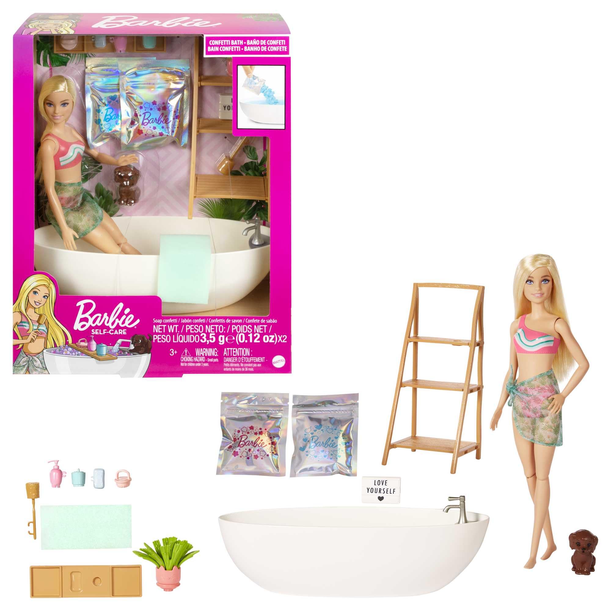 Barbie Doll and Bathtub Playset with Puppy, Kids Toys, Blonde, Colorful Confetti Soap and Accessories, Self-Care and Wellness Theme, HKT92