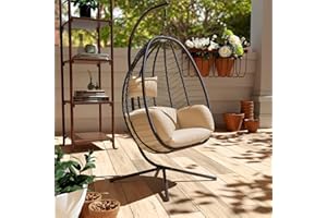 Kullavik Outdoor Hanging Egg Chair with Stand,Indoor Swinging Chair Patio Wicker Hammock Egg Chair with Thicken Padded Cushions,Indoor 350lbs Capacity forBalcony Living Room Bedroom(Sand)
