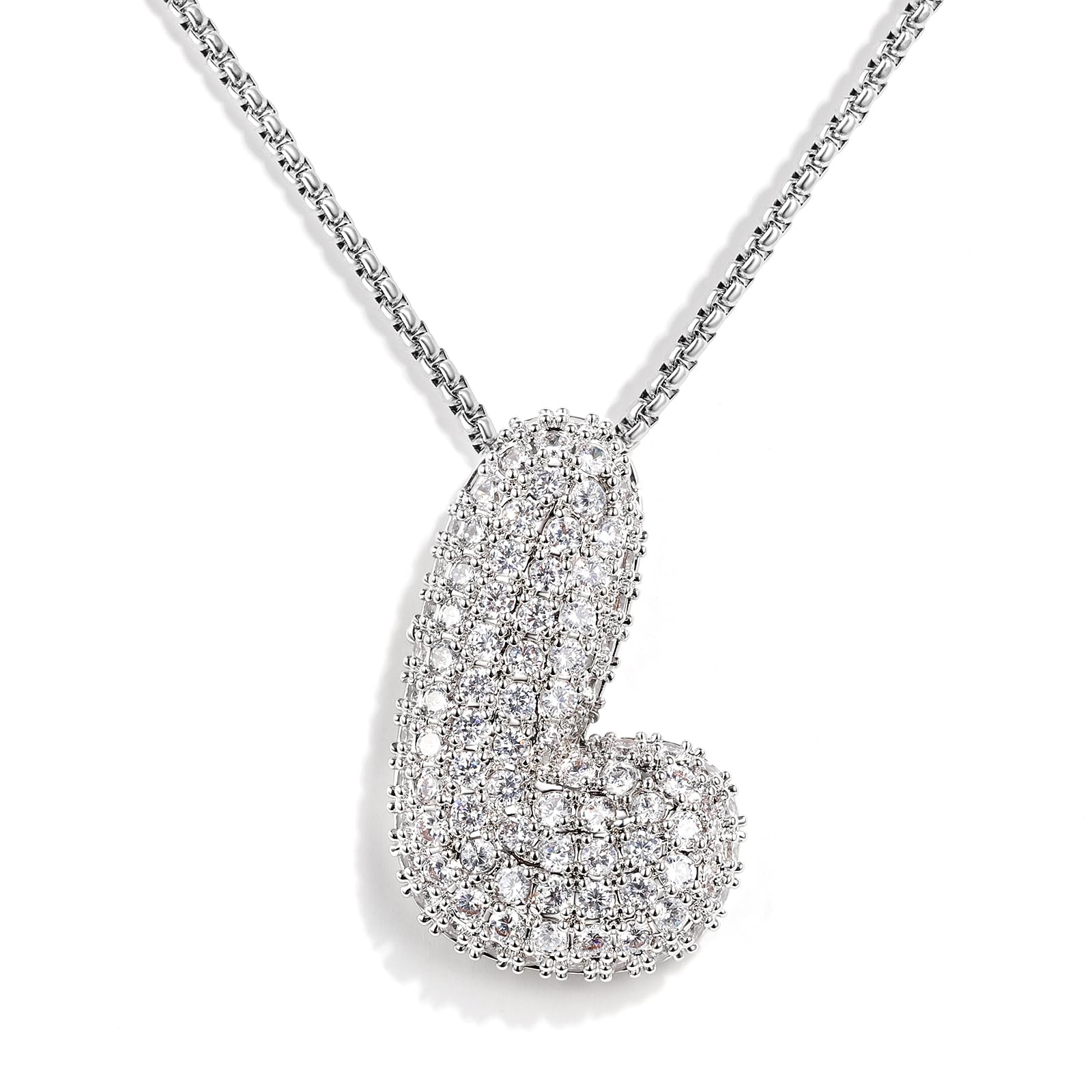 KissYan Bubble Letter Necklace Silver, White Gold
