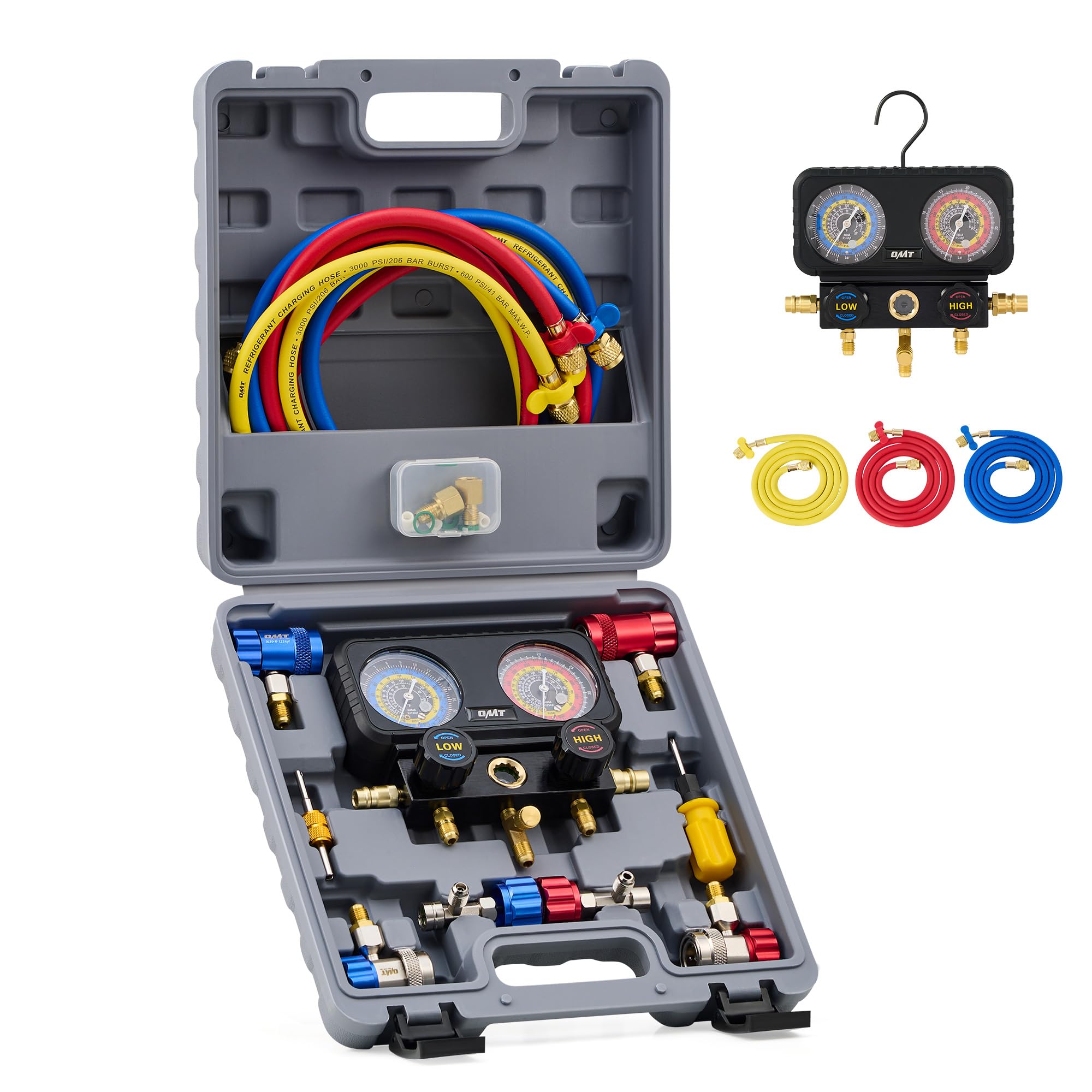 Photo 1 of Orion Motor Tech AC Gauges, 3 Way Manifold Gauge Set for R1234yf R404a R134a Refrigerant, Automotive Gauge Set with Hoses Quick Couplers Self Sealing Can Taps for Car Freon Charging & Evacuation