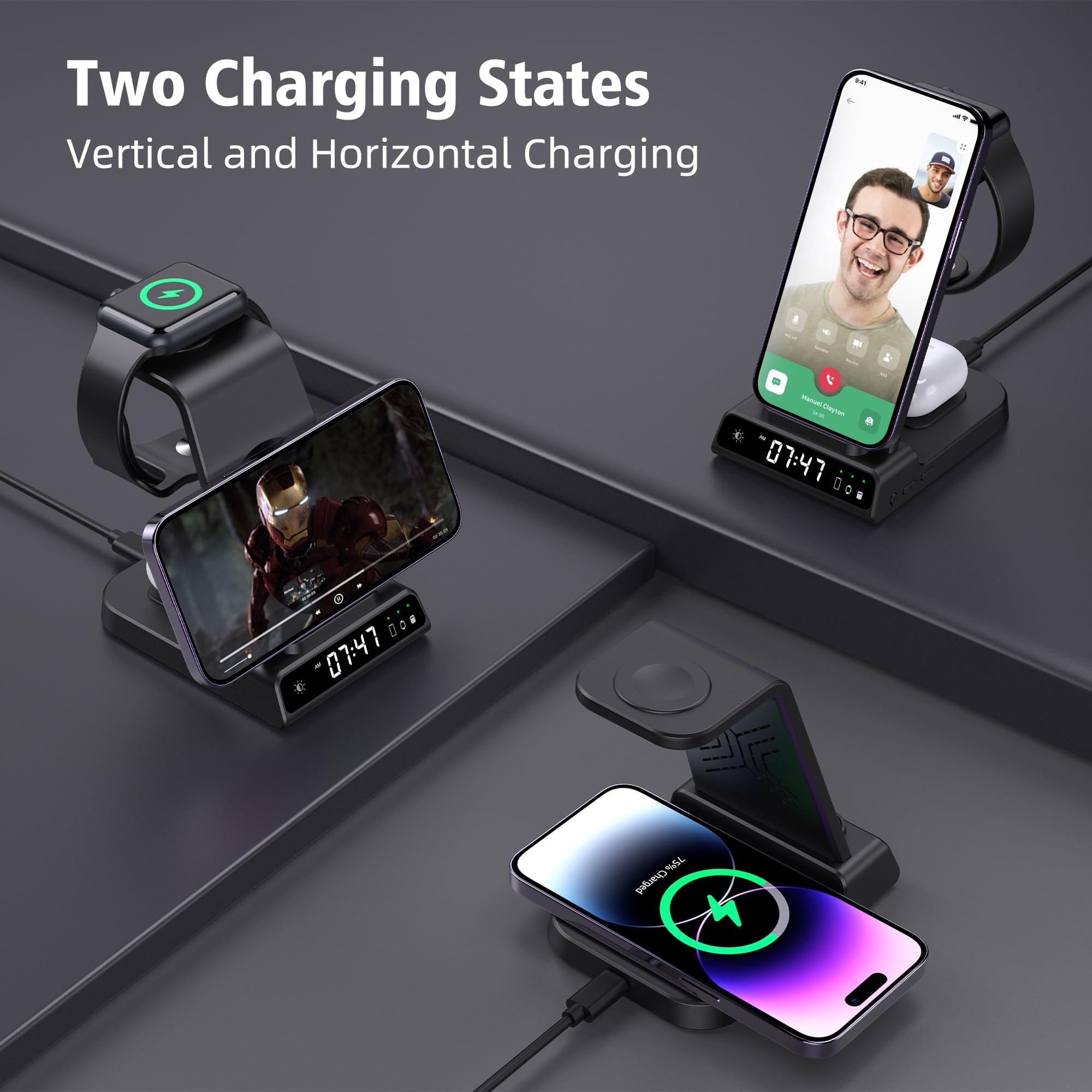 Wireless Charging Station, YiJYi 3 in 1 Watch Charger Stand with Digital Clock Suitable for iWatch SE/6/5/4/3/2/1,AirPods Pro, for iPhone 16/15/14/13/12/11 Pro Max/XS/XR/X/8/Samsung S23/S22/S21