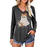 Halloween Shirts for Women Long Sleeve V Neck Top Funny Ghost Graphic Tees | Women's Halloween Shirts, Spooky Season Cotton Blend Shirt, Scary Skull Pumpkin Print Outfit, Fall Gifts for Women