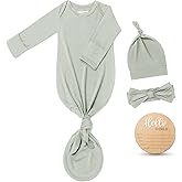 Hello World Newborn Outfit Knotted Gown 0-3 Months, Baby Girl Boy Coming Home Sleeper with Sign