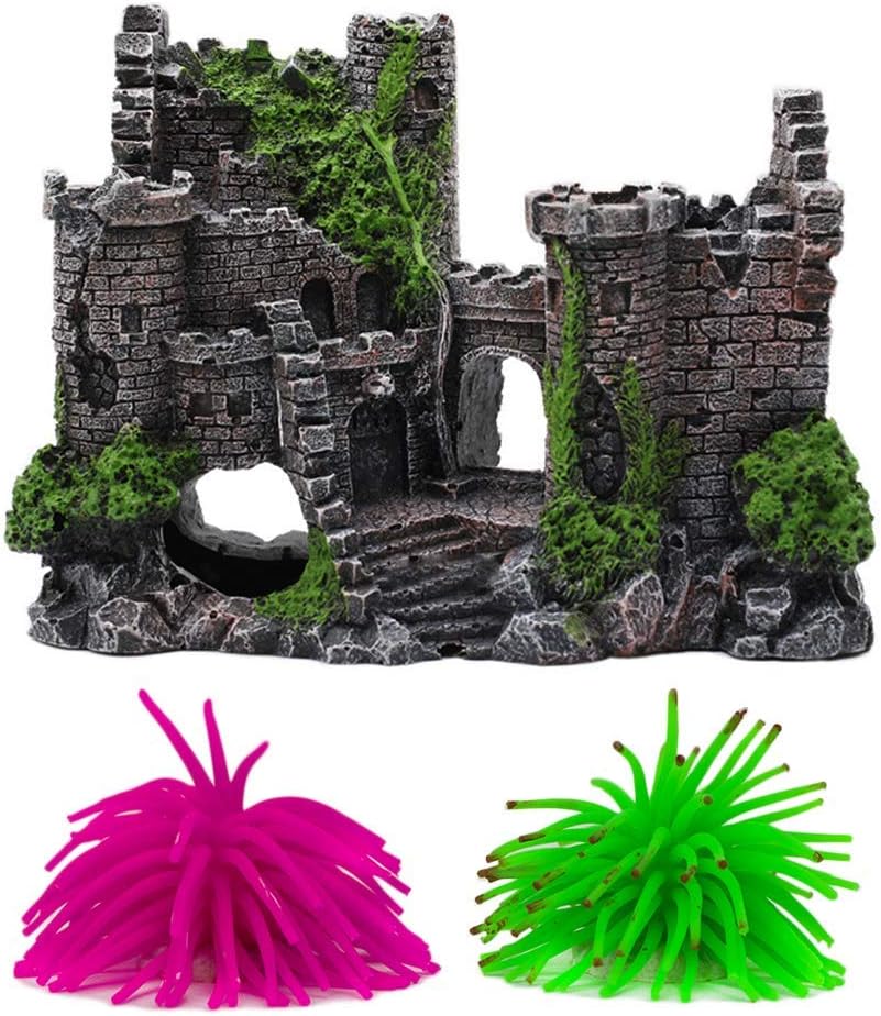 Resin Aquarium Ornament, Aquarium Decoration Stone Castle, Resin Aquarium Accessories Aqua Ornaments for Small Shrimp Turtle Fish Tank Accessories, with two silicone corals
