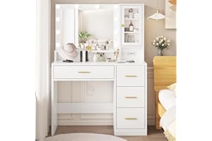 LIKEIN White Vanity with Mirror and Lights, Makeup Vanity Desk with 4 Drawers, Glass Door Storage Cabinet, Charger Station, 3 Color Modes & Adjustable Brightness Dressing Table for Bedroom,Girls Vanity 35.4"